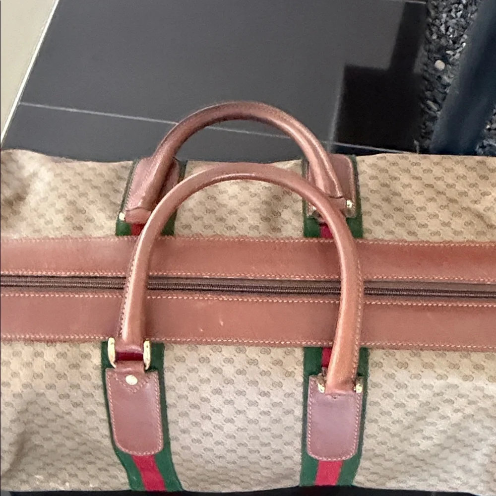 Gucci Beige Monogram Duffel with Green & Red Web Stripe. As It!
